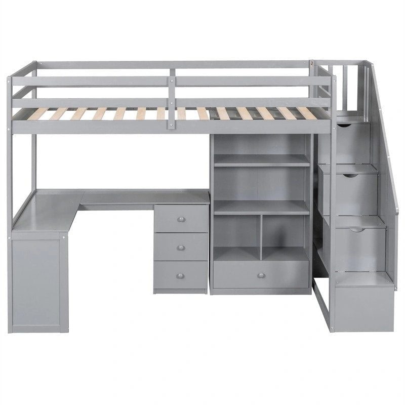 Lit mezzanine double multifonctionnel en bois avec bureau en L et escalier de rangement, cadre de lit mezzanine avec armoire et tiroirs