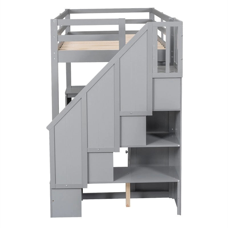 Lit mezzanine double multifonctionnel en bois avec bureau en L et escalier de rangement, cadre de lit mezzanine avec armoire et tiroirs