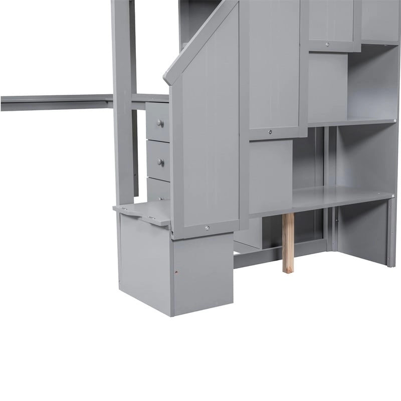Lit mezzanine double multifonctionnel en bois avec bureau en L et escalier de rangement, cadre de lit mezzanine avec armoire et tiroirs