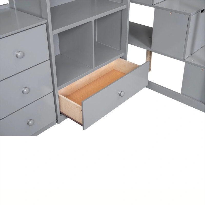 Lit mezzanine double multifonctionnel en bois avec bureau en L et escalier de rangement, cadre de lit mezzanine avec armoire et tiroirs