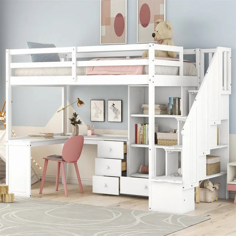 Lit mezzanine double multifonctionnel en bois avec bureau en L et escalier de rangement, cadre de lit mezzanine avec armoire et tiroirs