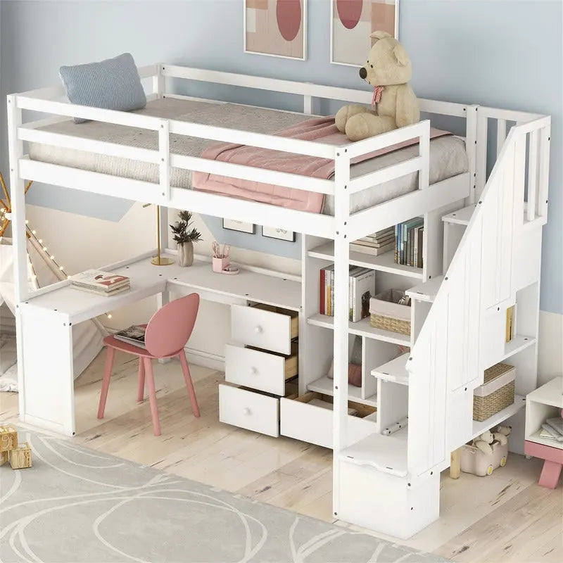 Lit mezzanine double multifonctionnel en bois avec bureau en L et escalier de rangement, cadre de lit mezzanine avec armoire et tiroirs