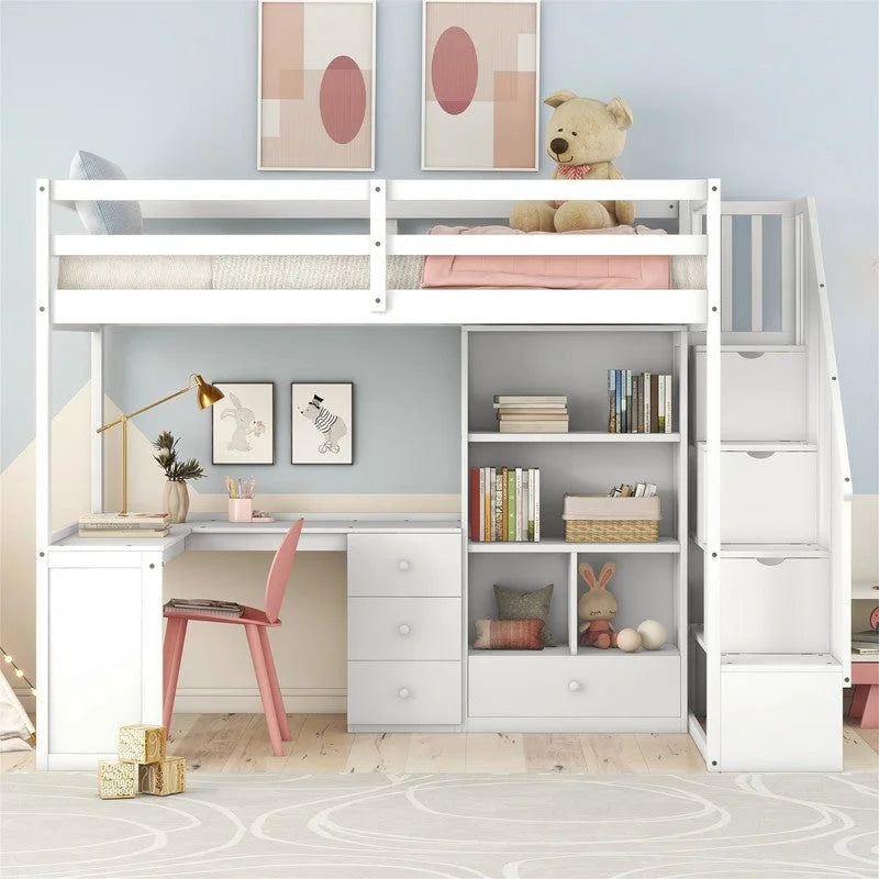 Lit mezzanine double multifonctionnel en bois avec bureau en L et escalier de rangement, cadre de lit mezzanine avec armoire et tiroirs