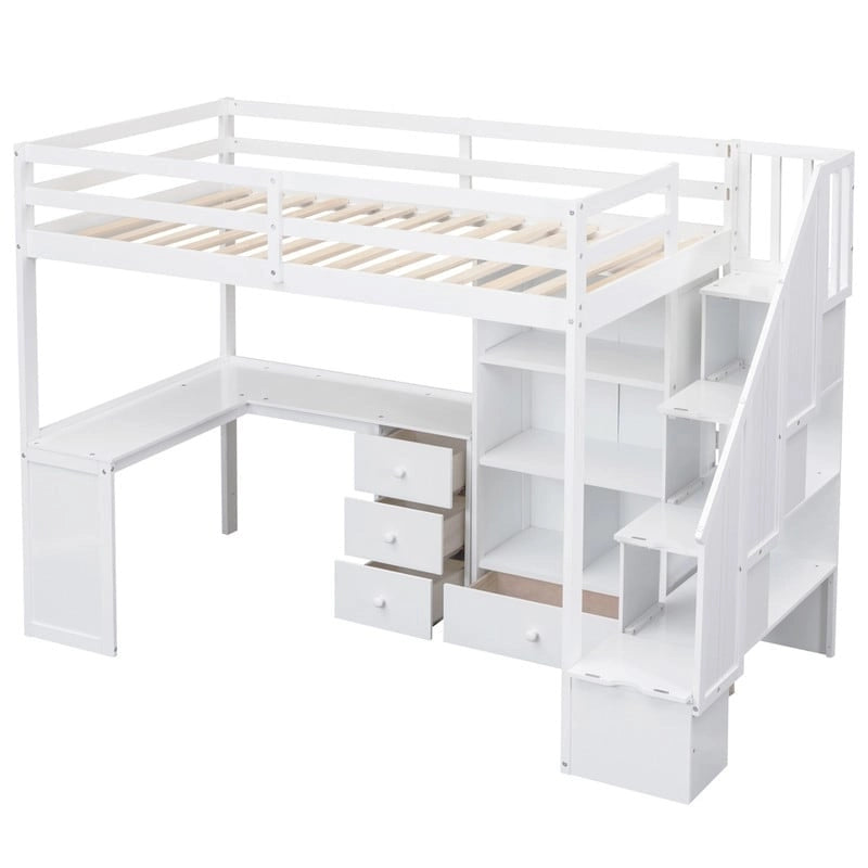 Lit mezzanine double multifonctionnel en bois avec bureau en L et escalier de rangement, cadre de lit mezzanine avec armoire et tiroirs