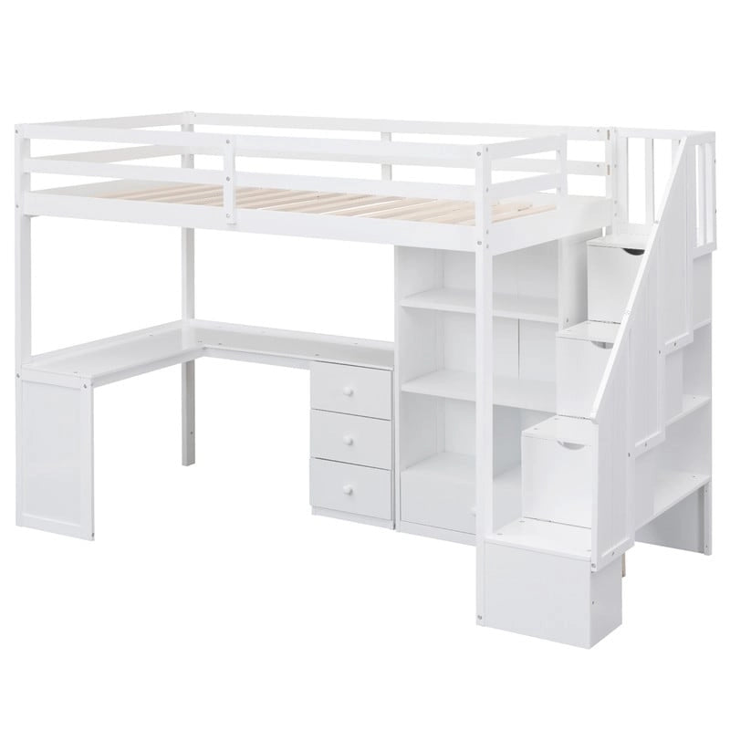 Lit mezzanine double multifonctionnel en bois avec bureau en L et escalier de rangement, cadre de lit mezzanine avec armoire et tiroirs