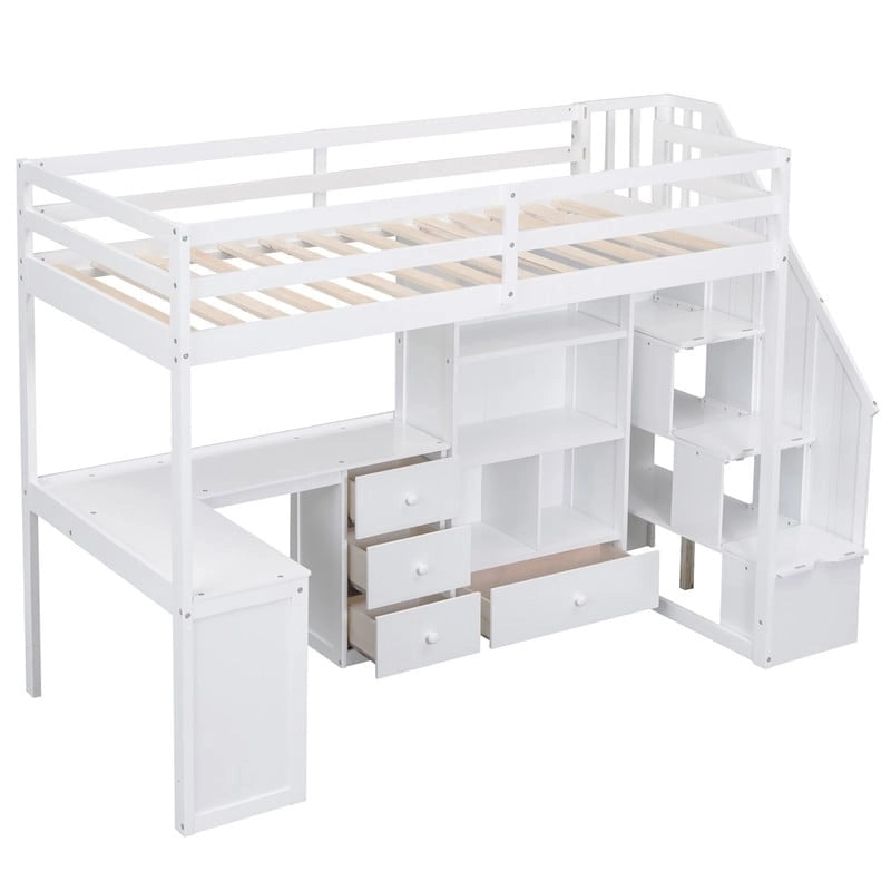 Lit mezzanine double multifonctionnel en bois avec bureau en L et escalier de rangement, cadre de lit mezzanine avec armoire et tiroirs