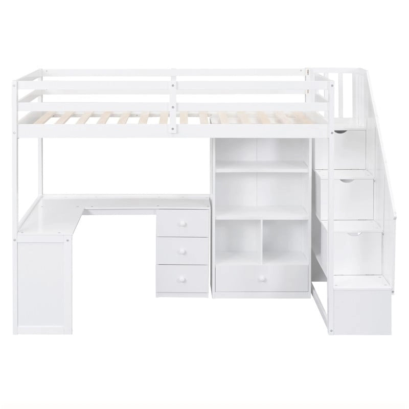 Lit mezzanine double multifonctionnel en bois avec bureau en L et escalier de rangement, cadre de lit mezzanine avec armoire et tiroirs