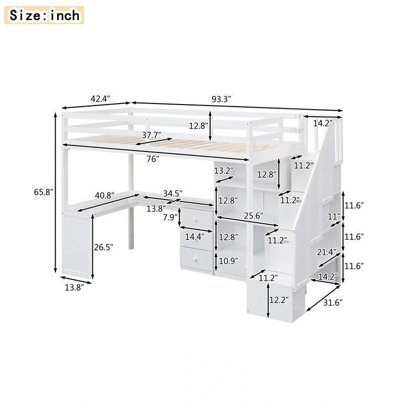 Lit mezzanine double multifonctionnel en bois avec bureau en L et escalier de rangement, cadre de lit mezzanine avec armoire et tiroirs