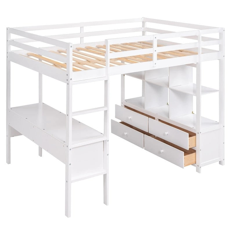 Full Size Wooden Loft Bed with Built-in Desk with Two Drawers, and Storage Shelves and Drawers For Kids