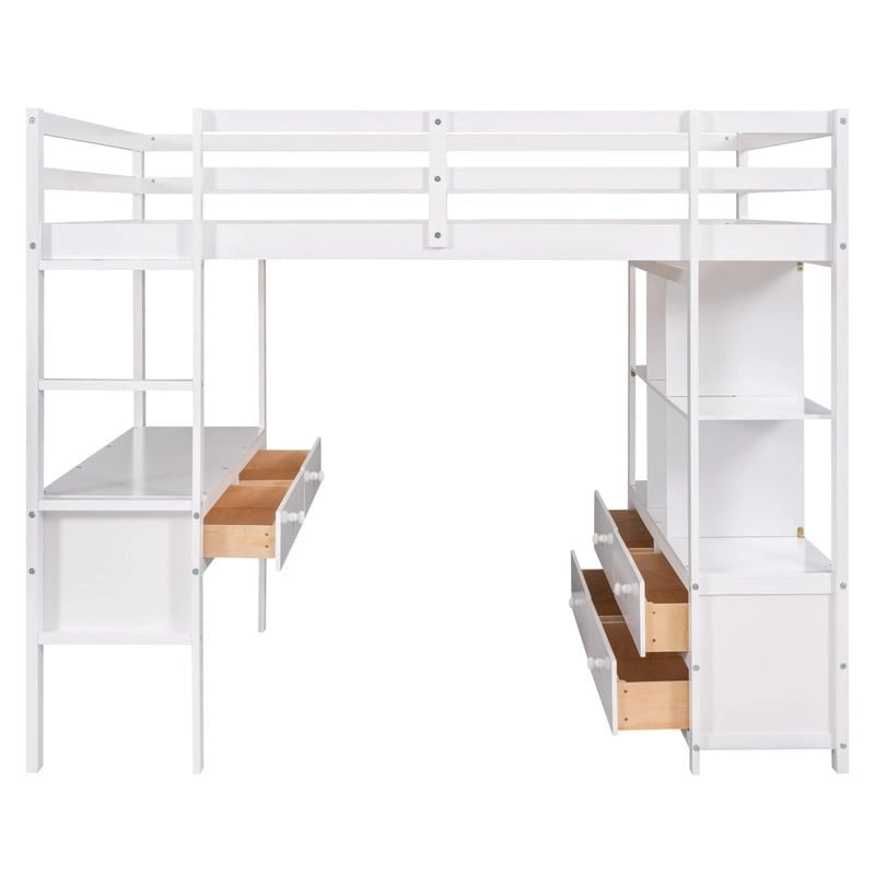 Lit mezzanine en bois pleine grandeur avec bureau intégré à deux tiroirs, étagères de rangement et tiroirs pour enfants