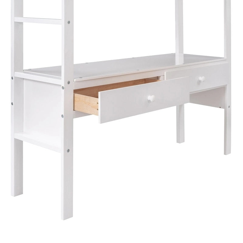Lit mezzanine en bois pleine grandeur avec bureau intégré à deux tiroirs, étagères de rangement et tiroirs pour enfants