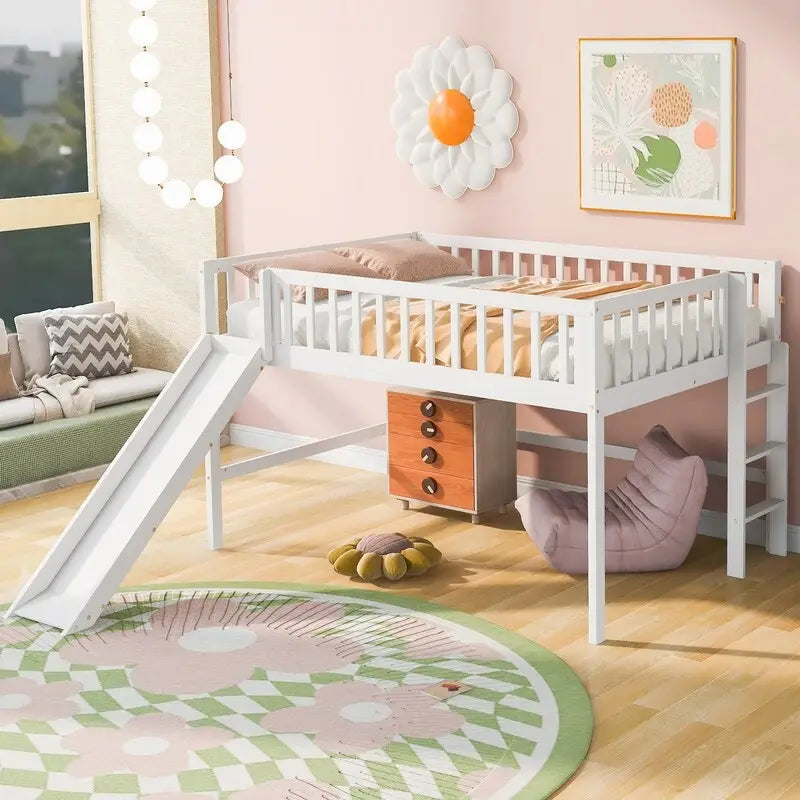 Full Size Low Loft Bed with Ladder and Slide
