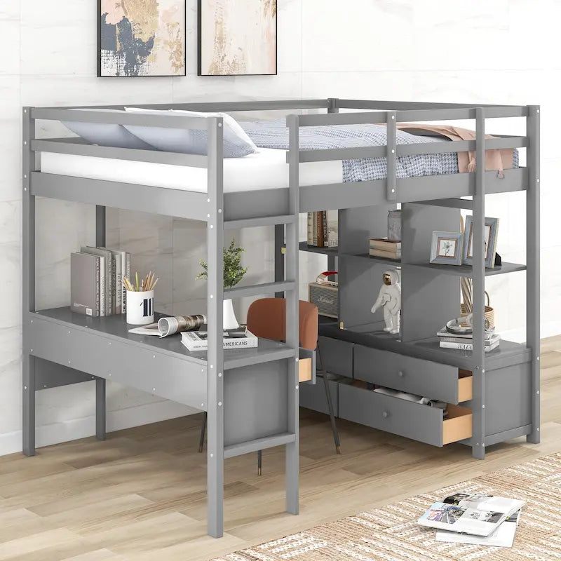 Lit mezzanine en bois avec bureau intégré et deux tiroirs