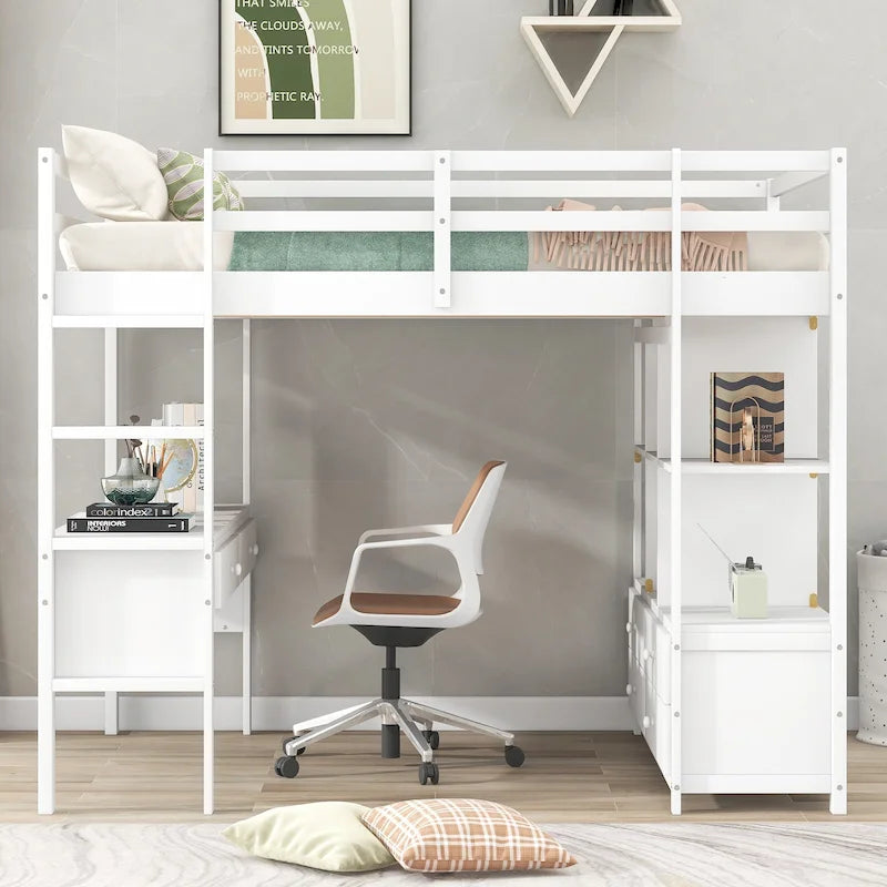 Lit mezzanine en bois avec bureau intégré et deux tiroirs