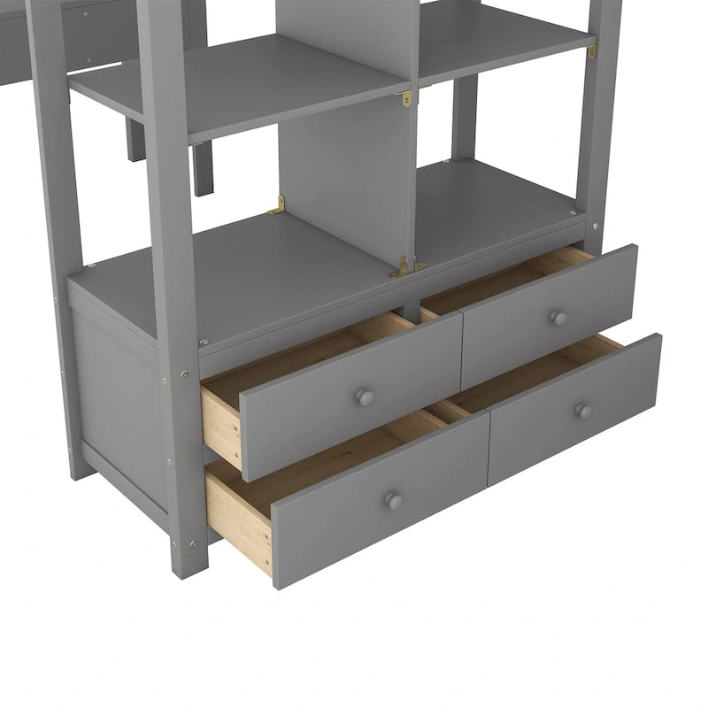 Lit mezzanine en bois avec bureau intégré et deux tiroirs