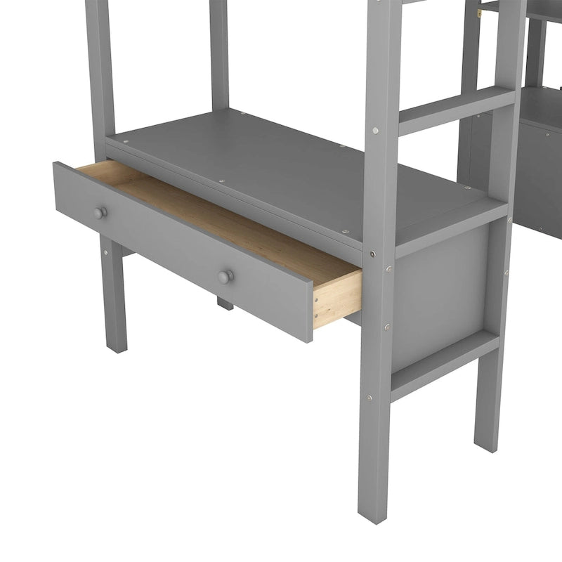 Lit mezzanine en bois avec bureau intégré et deux tiroirs