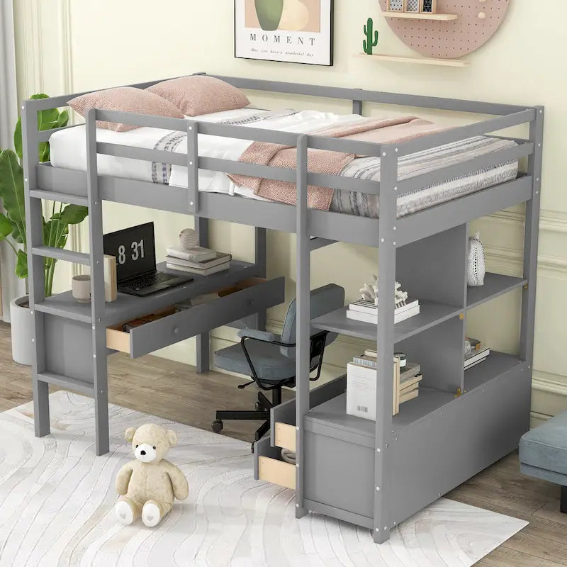 Lit mezzanine en bois avec bureau intégré et deux tiroirs