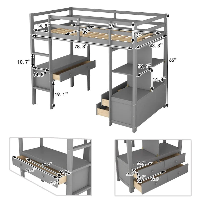 Lit mezzanine en bois avec bureau intégré et deux tiroirs