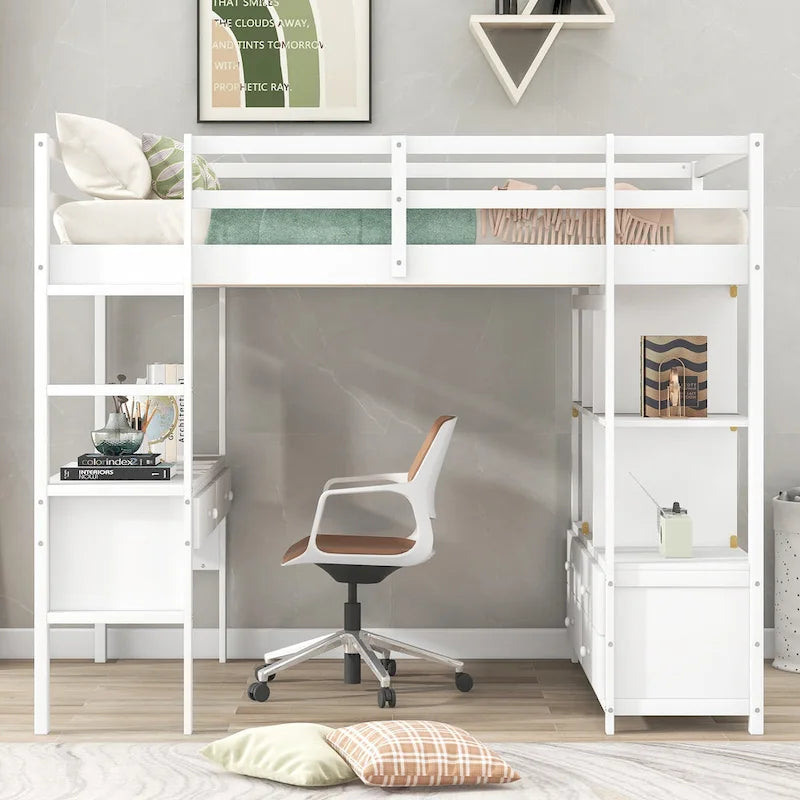 Lit mezzanine en bois avec bureau intégré et deux tiroirs
