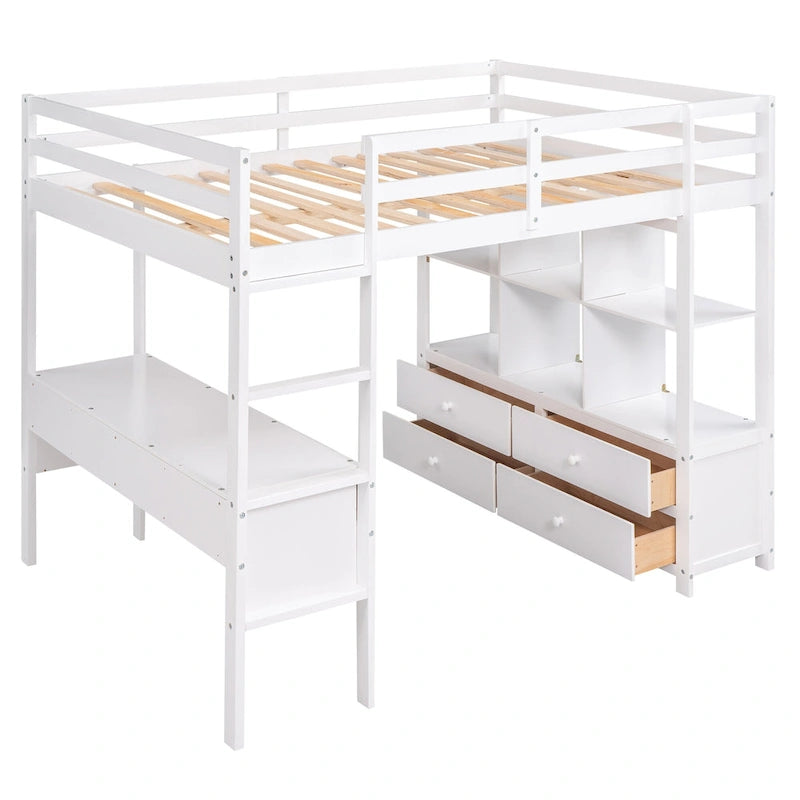 Lit mezzanine en bois avec bureau intégré et deux tiroirs
