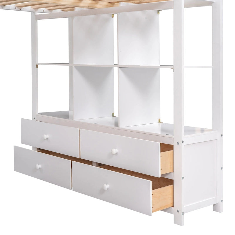Lit mezzanine en bois avec bureau intégré et deux tiroirs