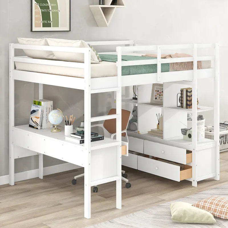 Lit mezzanine en bois avec bureau intégré et deux tiroirs