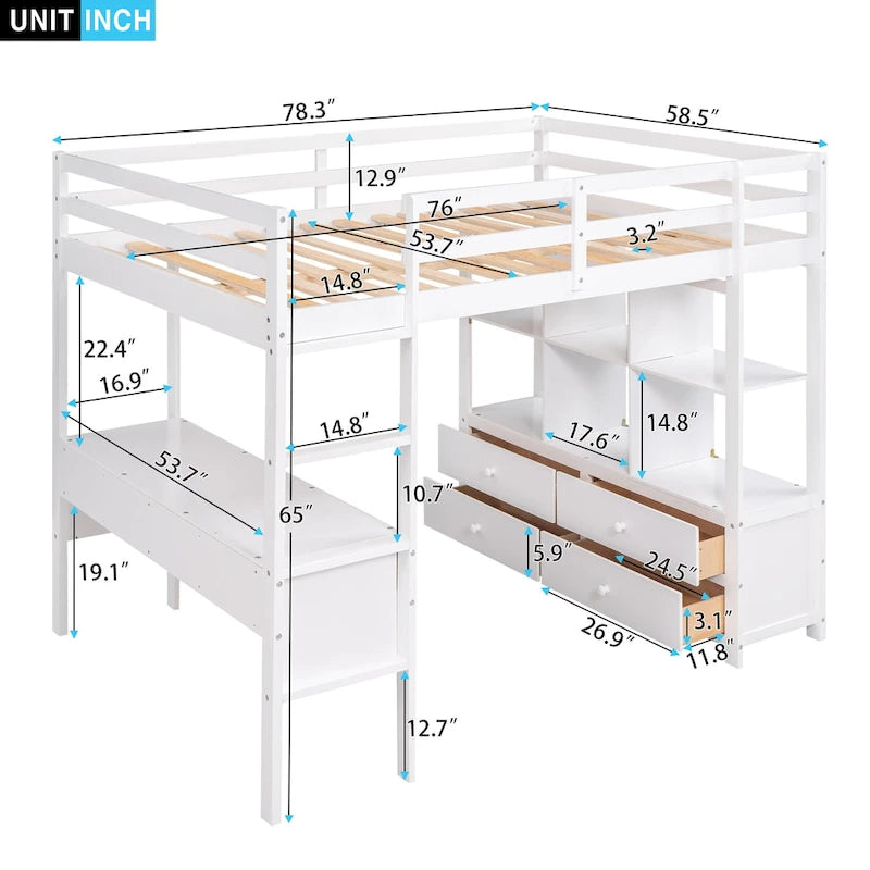 Lit mezzanine en bois avec bureau intégré et deux tiroirs