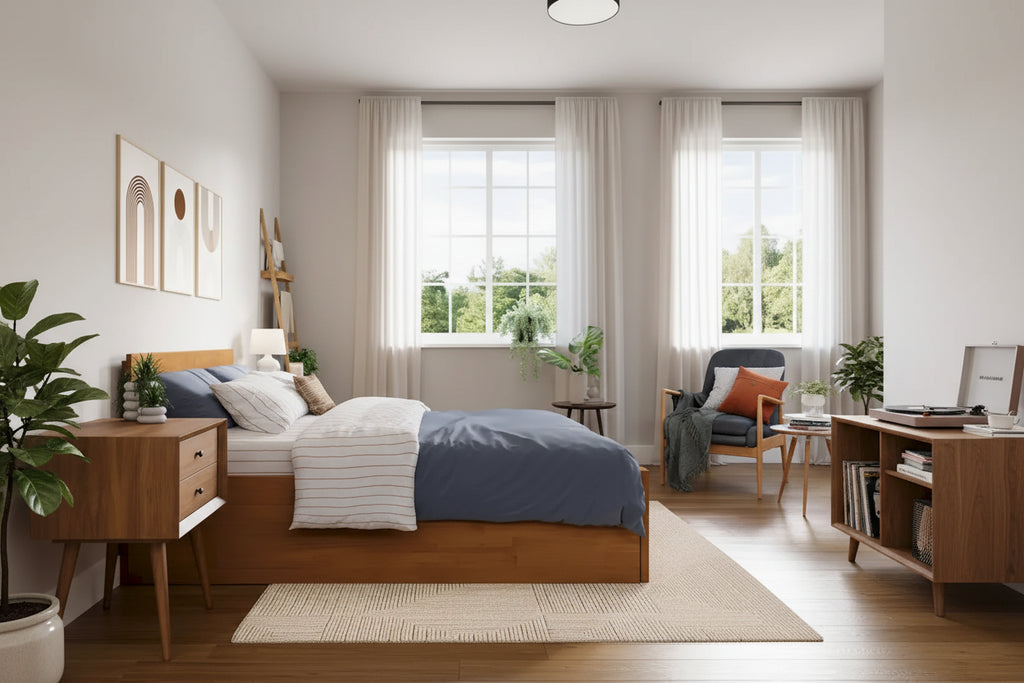 Lit plateforme Orlando avec pied de lit et lit gigogne double.