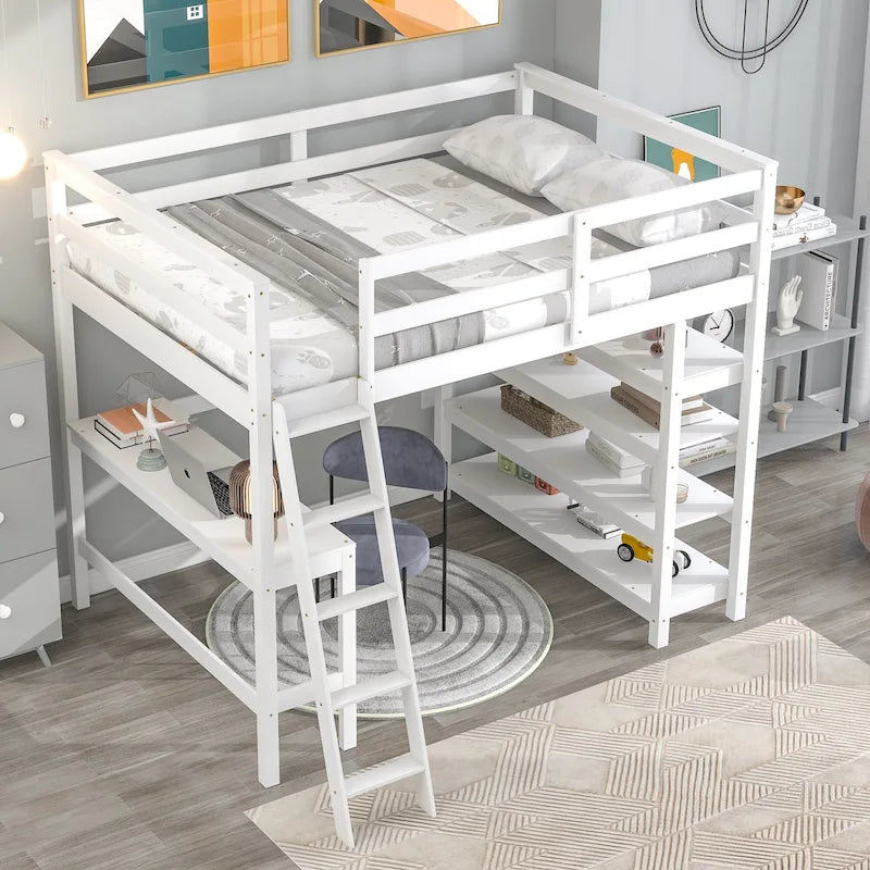 Lit mezzanine double avec bureau de rangement, échelle et étagères, blanc