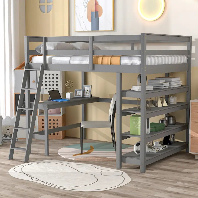 Lit mezzanine double avec bureau de rangement, échelle et étagères, blanc