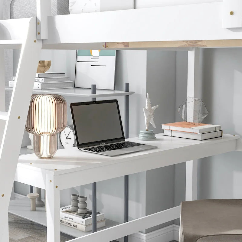 Lit mezzanine double avec bureau de rangement, échelle et étagères, blanc