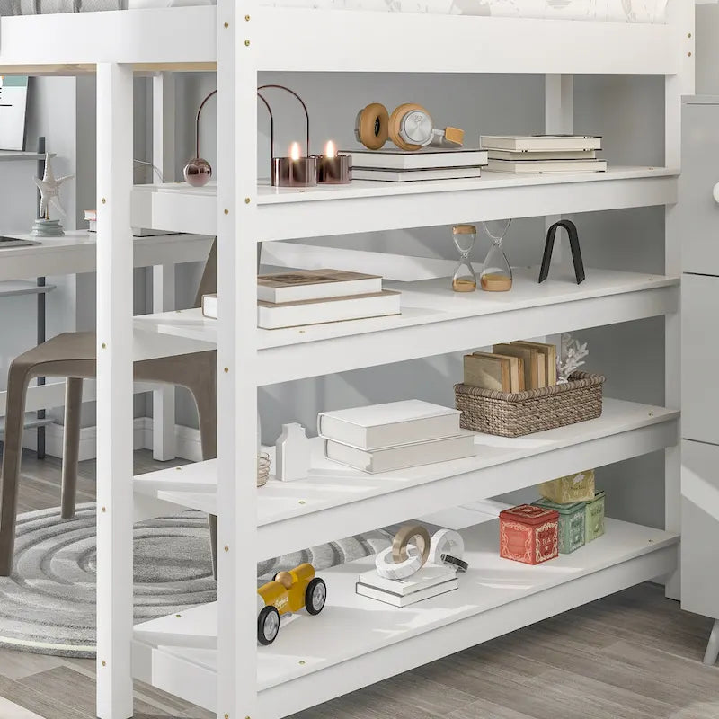 Lit mezzanine double avec bureau de rangement, échelle et étagères, blanc