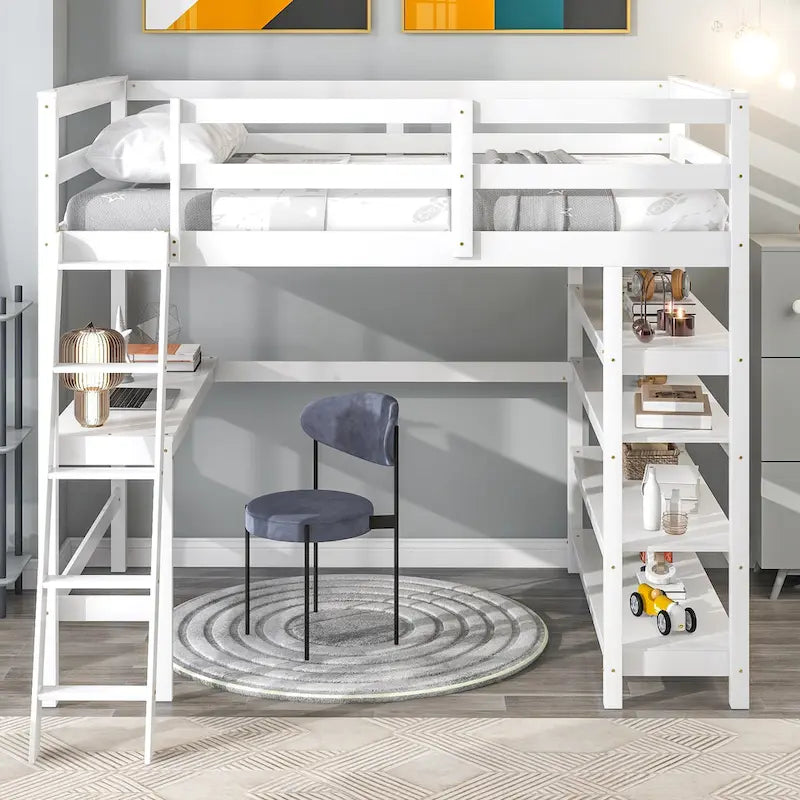 Lit mezzanine double avec bureau de rangement, échelle et étagères, blanc