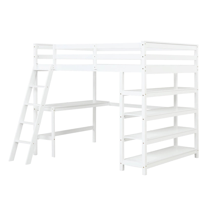 Lit mezzanine double avec bureau de rangement, échelle et étagères, blanc