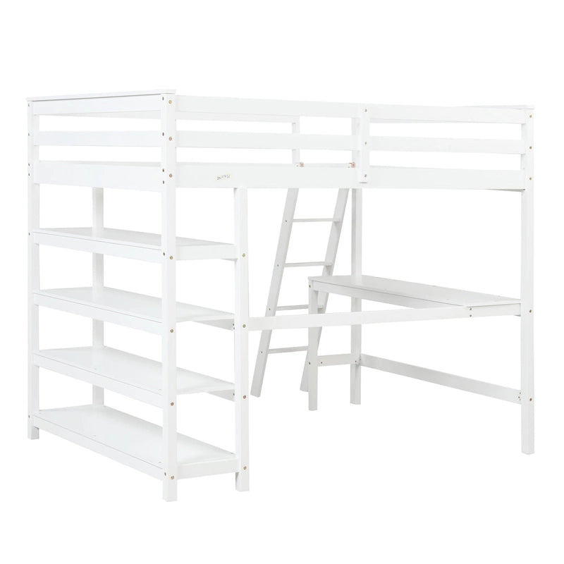 Lit mezzanine double avec bureau de rangement, échelle et étagères, blanc
