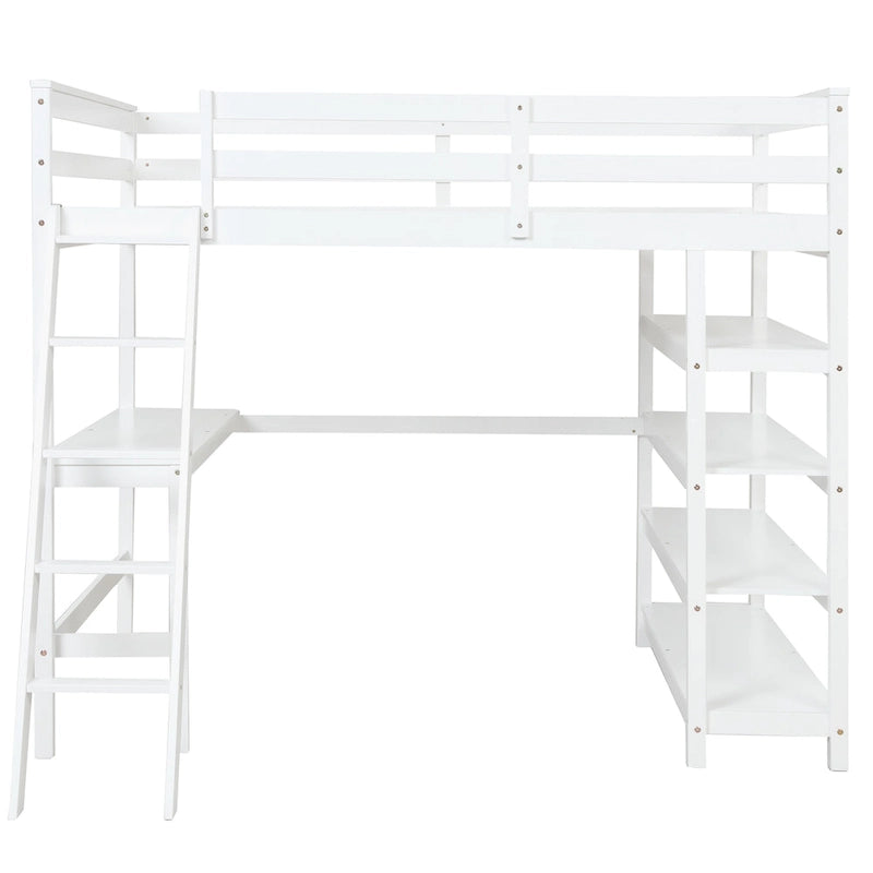 Lit mezzanine double avec bureau de rangement, échelle et étagères, blanc