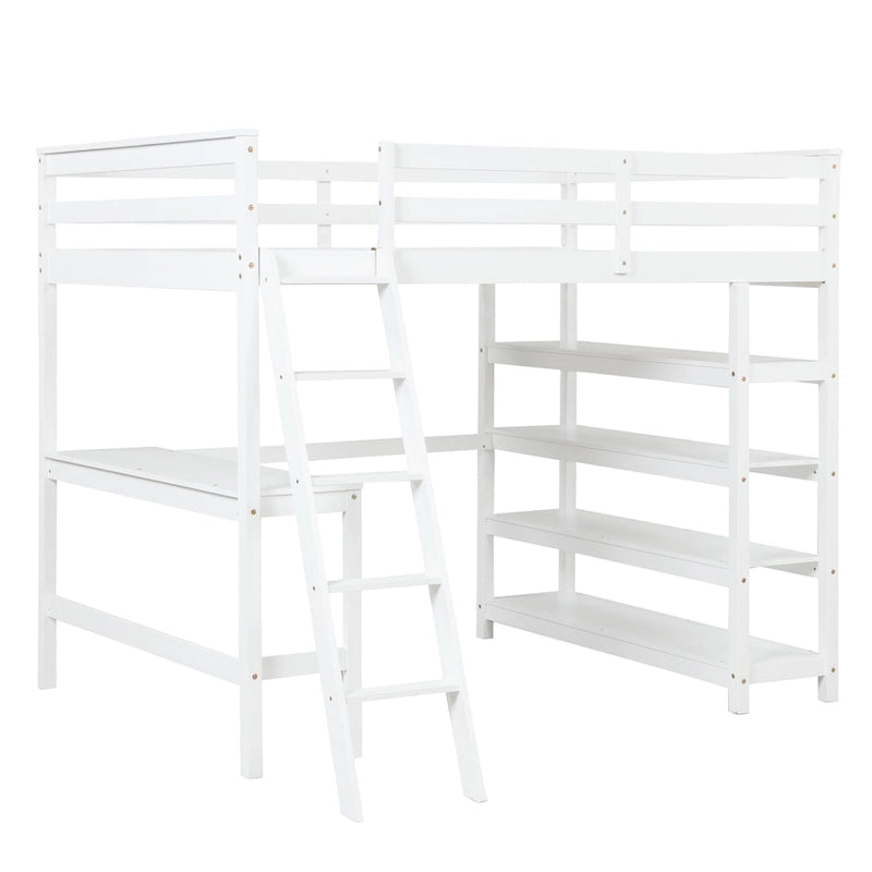 Lit mezzanine double avec bureau de rangement, échelle et étagères, blanc