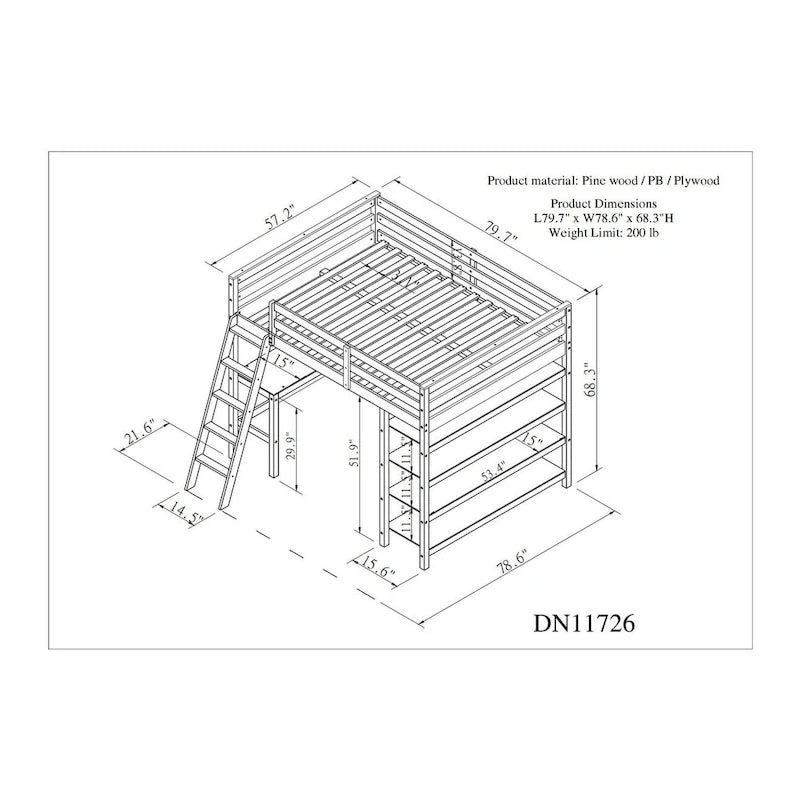Lit mezzanine double avec bureau de rangement, échelle et étagères, blanc