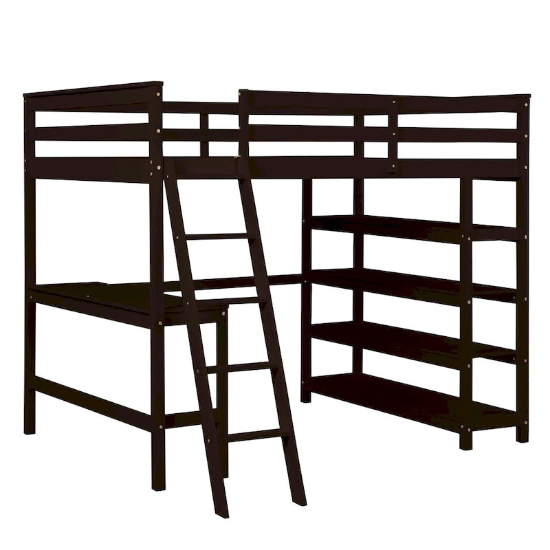 Lit mezzanine double avec bureau de rangement, échelle et étagères, blanc