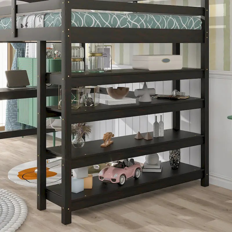 Lit mezzanine double avec bureau de rangement, échelle et étagères, blanc