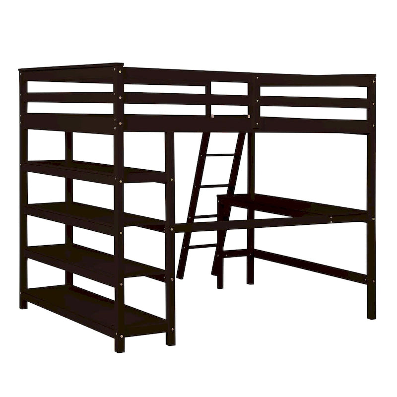 Lit mezzanine double avec bureau de rangement, échelle et étagères, blanc
