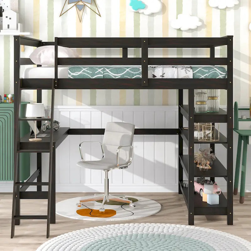 Lit mezzanine double avec bureau de rangement, échelle et étagères, blanc