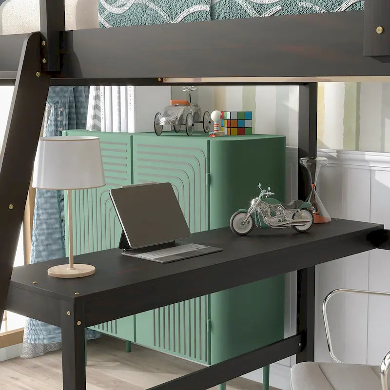 Lit mezzanine double avec bureau de rangement, échelle et étagères, blanc