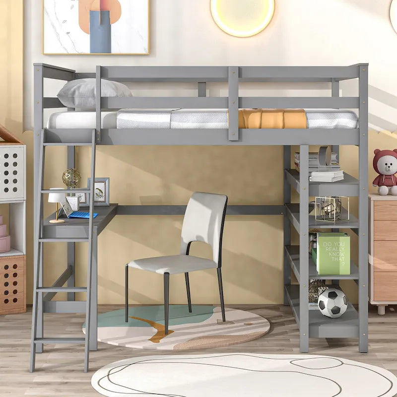 Lit mezzanine double avec bureau de rangement, échelle et étagères, blanc