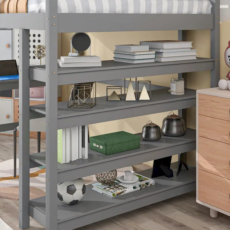 Lit mezzanine double avec bureau de rangement, échelle et étagères, blanc