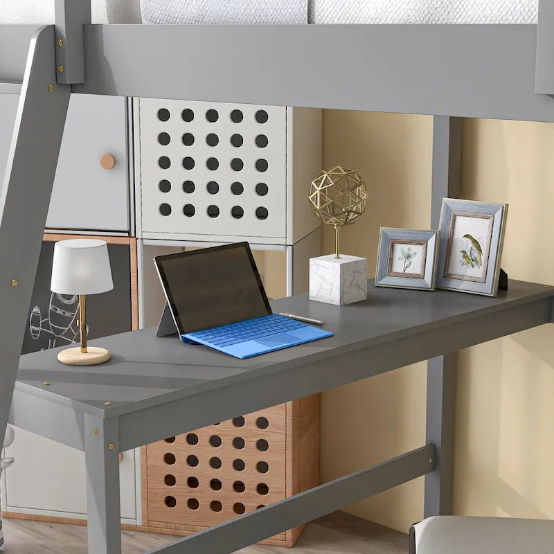Lit mezzanine double avec bureau de rangement, échelle et étagères, blanc
