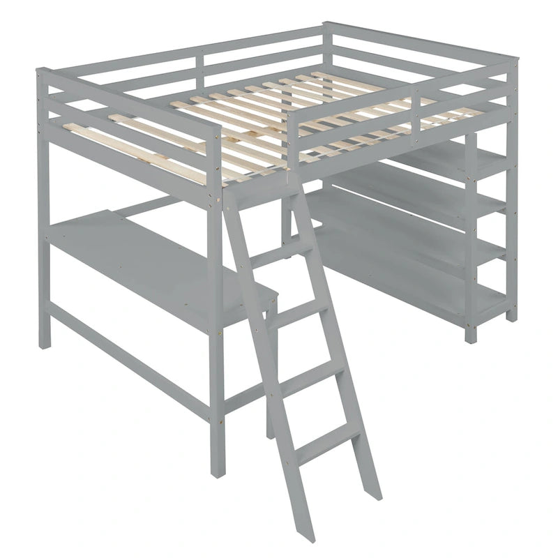 Lit mezzanine double avec bureau de rangement, échelle et étagères, blanc