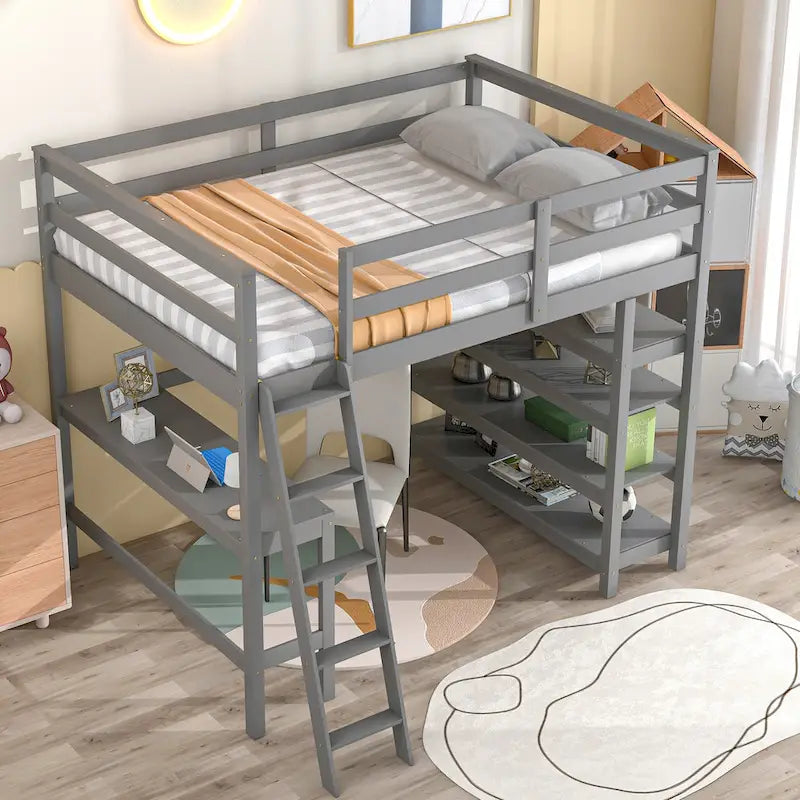 Lit mezzanine double avec bureau de rangement, échelle et étagères, blanc