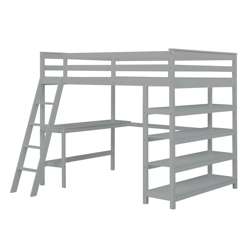 Lit mezzanine double avec bureau de rangement, échelle et étagères, blanc
