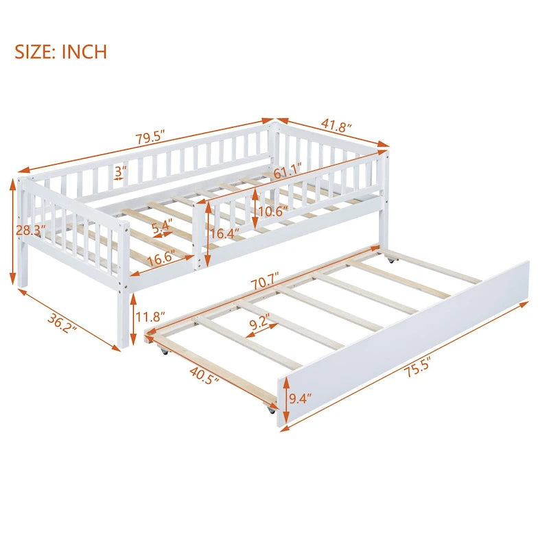 Lit de repos simple en bois avec lit gigogne et barrières de sécurité
